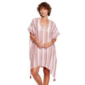 Seagull Striped V-Neck Tassel Hem Beach Cover-Up Poncho Kaftan Vacation One Size